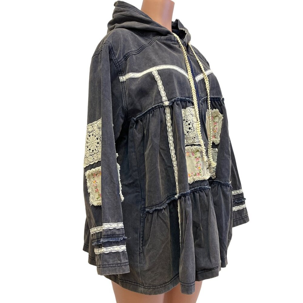 Z-1. POL Clothing Vintage Washed Embroidered Patch Flared Jacket Antique Navy - Picture 7 of 10
